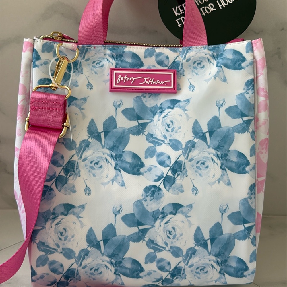 NEW Betsey Johnson floral tote lunch bag pink blue